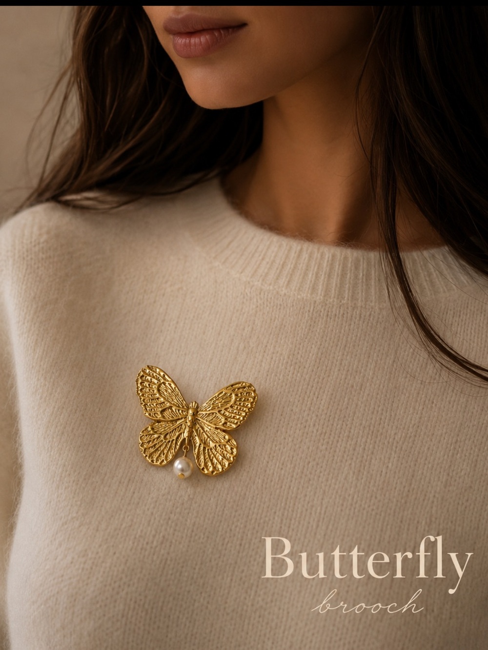 Gold Butterfly Brooch with Pearl Drop